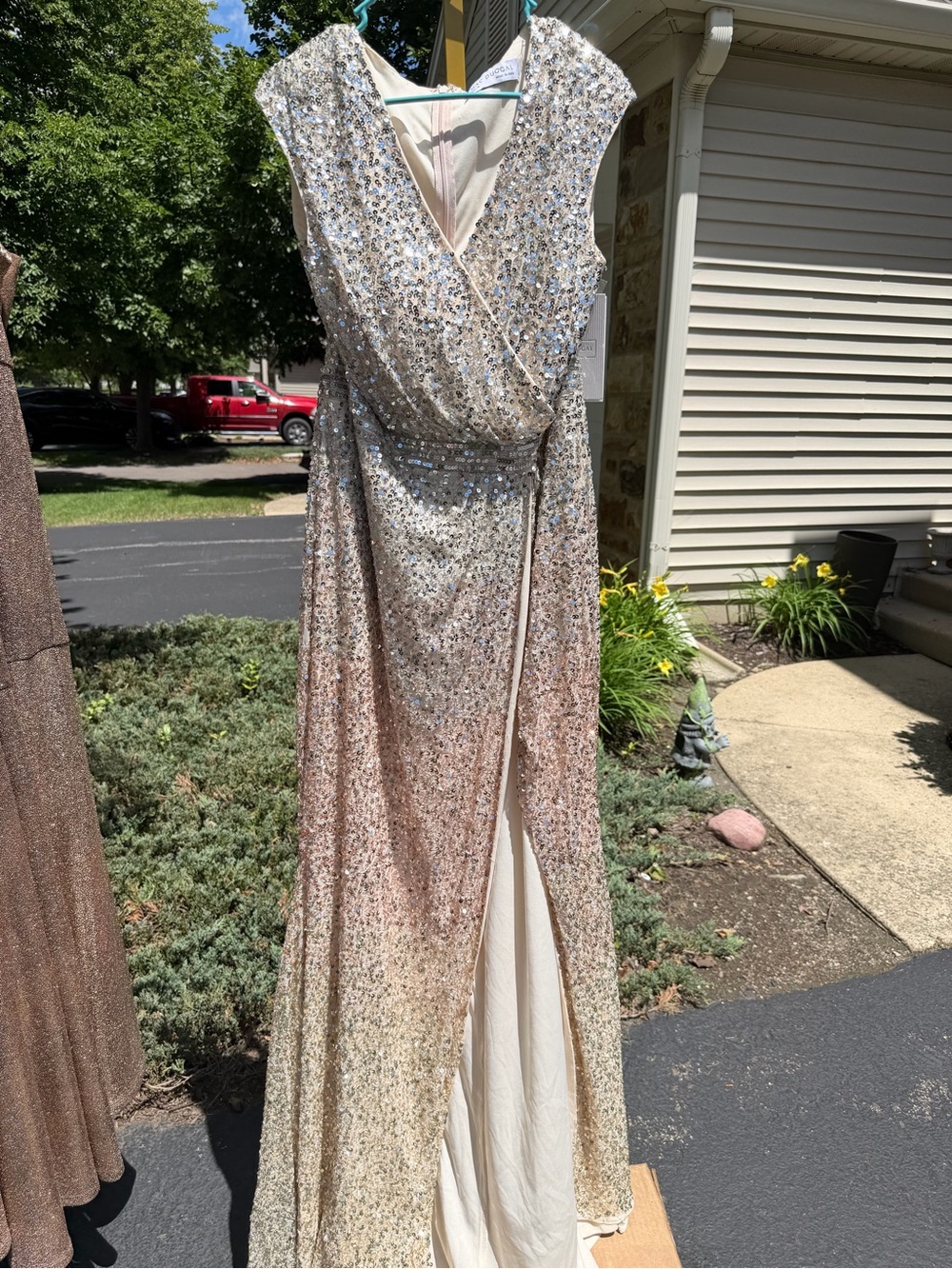 Mac Duggal Cap Sleeve Sequined High Slit Gown